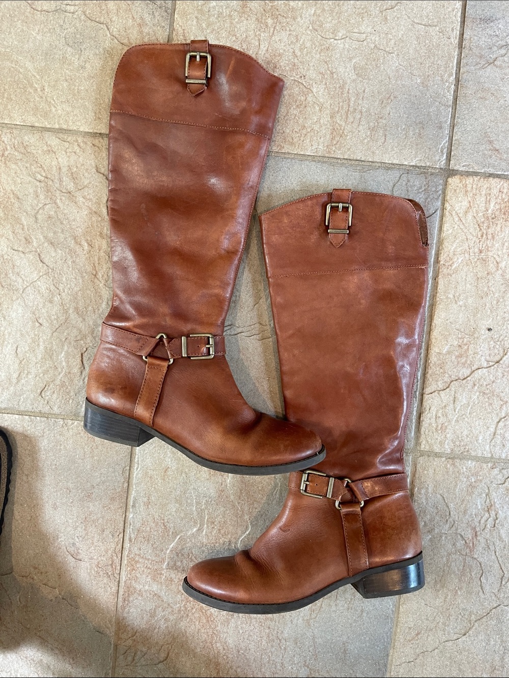 INC International Concepts Women's Tall Cognac Buckle Riding Boots leather